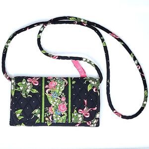 VERA BRADLEY Colorful Floral Cloth Crossbody Bag Purse Wallet Black Pink Green